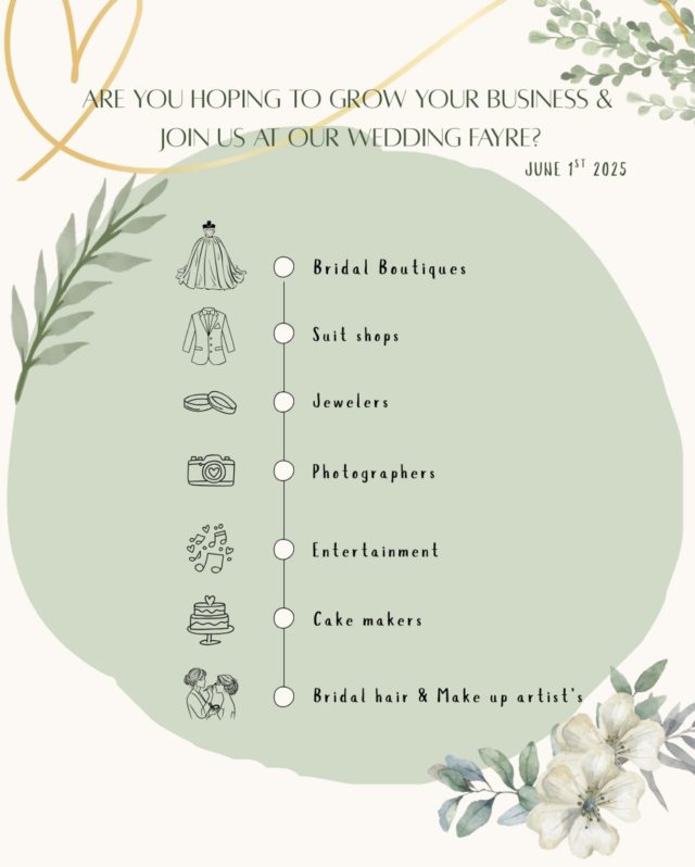 Calling all wedding suppliers, small businesses or independent creatives 

Are you ready to grow and showcase your brand to excited couples planning their big day? We’re now taking applications for our wedding fayre - and we’d love to have you on board 🥂✨

📍Best Western Premier Suites Hotel & Spa 
🗓️ June 1st 2025

From florists, photographers, cake artists and bridal boutiques.. 

If you bring the magic, we want to hear from you💐📸🍰

DM us or email to secure your spot - events@suiteshotelgroup.com